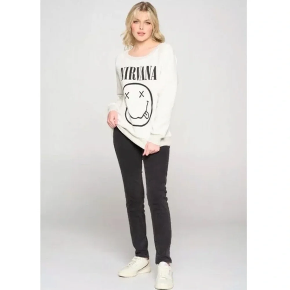 Cream Nirvana Smiley Face Band Graphic Sweatshirt - Picture 3 of 6